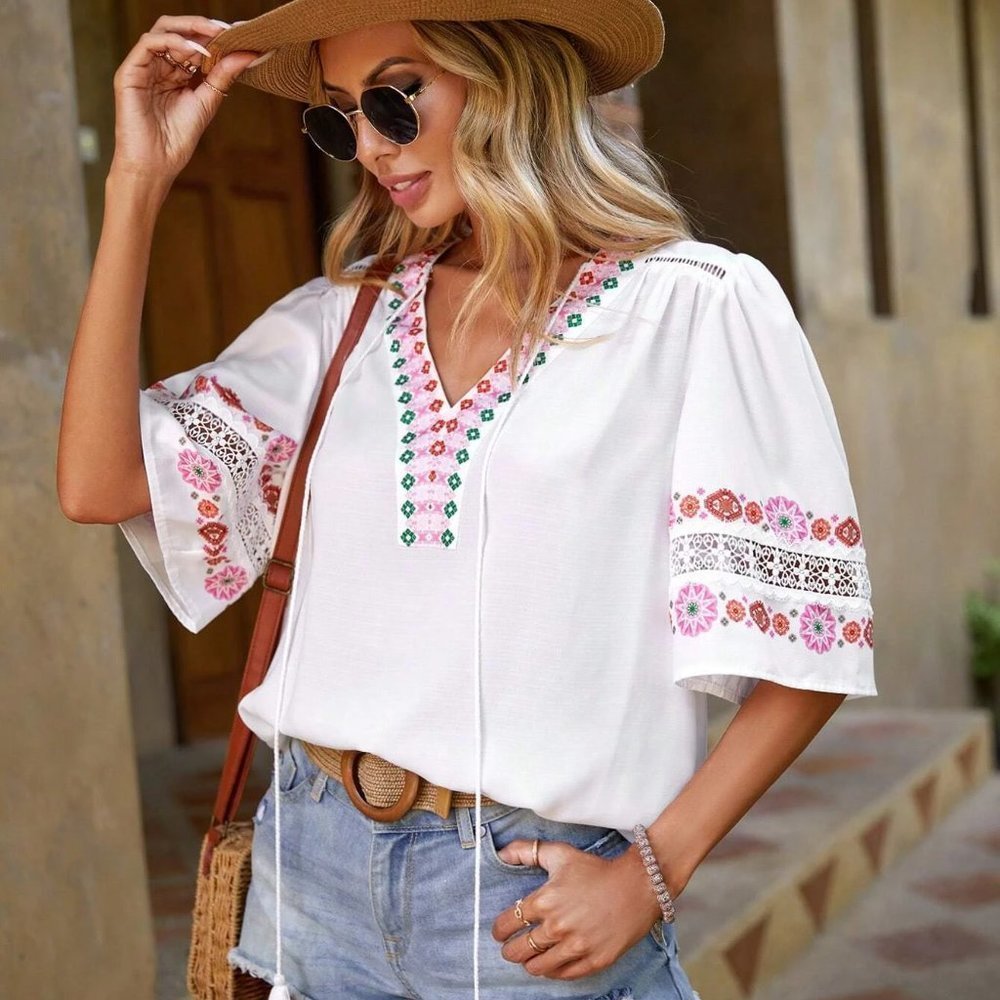 White Boho Womens Floral Print Tassel Tie Neck Puff Sleeve Blouse - Picture 5 of 5
